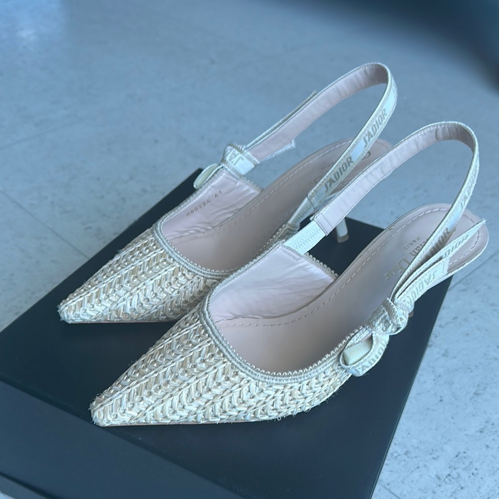 Dior Taupe Raffia Textured Slingback Heels